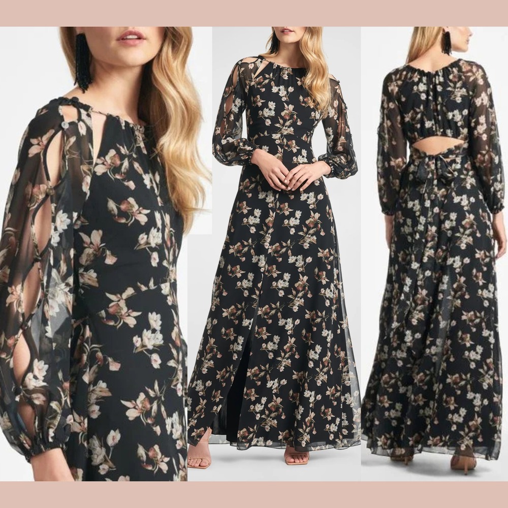 NWT $575 Sachin & Babi [ 4 ] Jasmine Cutout Floral Chiffon‎ Gown Black #Q1171